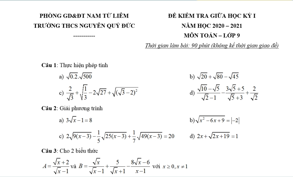 Toán 9: Đề kiểm tra giữa học kỳ 1. Trường THCS Nguyễn Quý Đức năm học 2020-2021